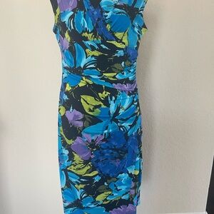Evan Picone Vibrant Floral Midi Dress - Blue, Green, Purple